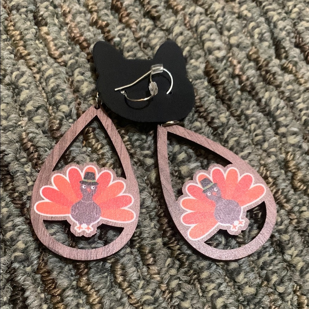 Cute Turkey Thanksgiving Wooden Earrings